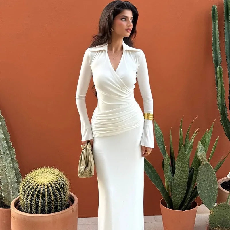The Valora Dress — Polo Collar Ruched Maxi