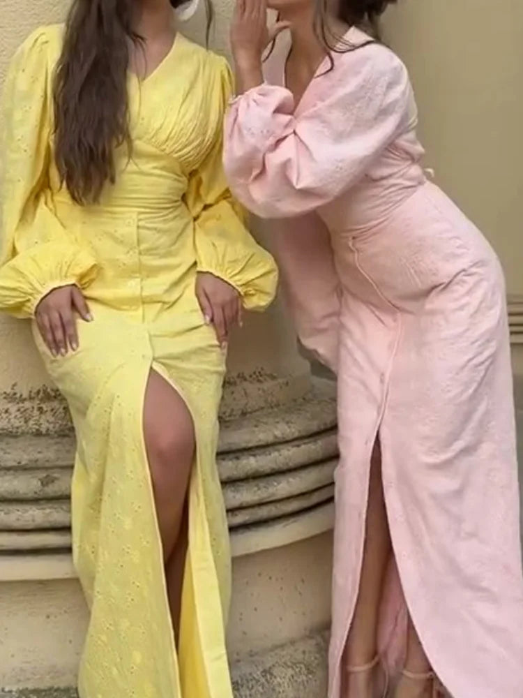 Vintage-Inspired Puff Sleeve V-Neck Maxi