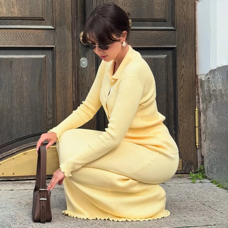 The Evelaine Set- Knitted Polo Cardigan & Slim Maxi