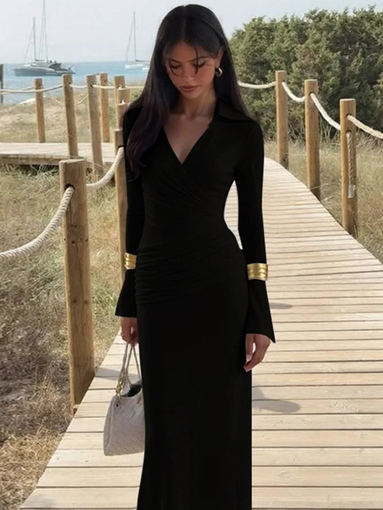 The Valora Dress — Polo Collar Ruched Maxi