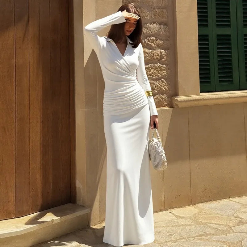 The Valora Dress — Polo Collar Ruched Maxi