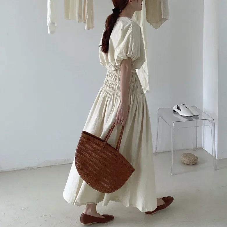Romantic Two-Piece Puff-Sleeve Crop & Long A-Line Skirt Duo