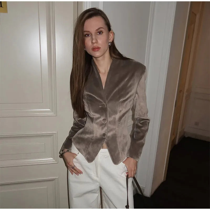 The Amorette Jacket – Tailored V-Neck Jacket with Defined Waist