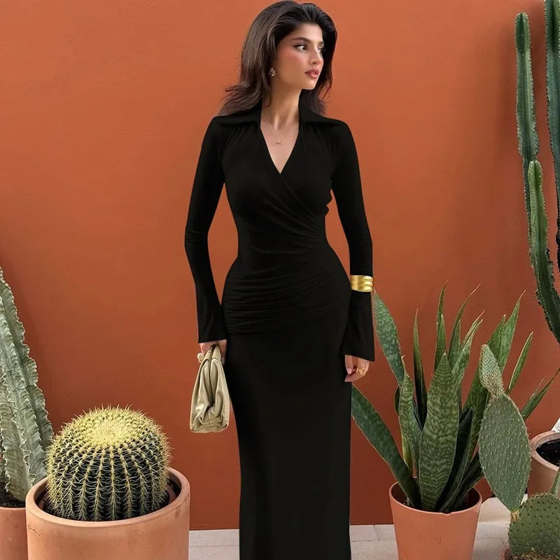 The Valora Dress — Polo Collar Ruched Maxi