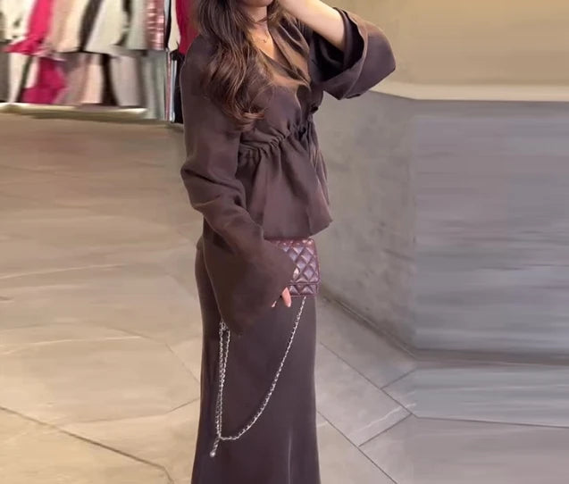 The Leontine Drawstring Blouse with Flowy Maxi Skirt Ensemble
