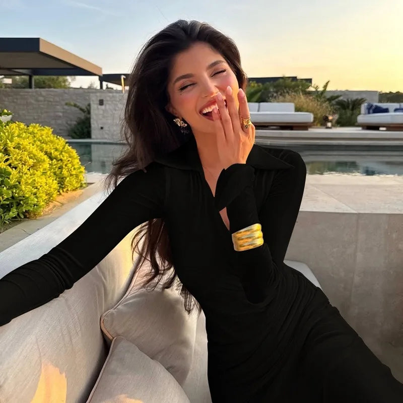 The Valora Dress — Polo Collar Ruched Maxi