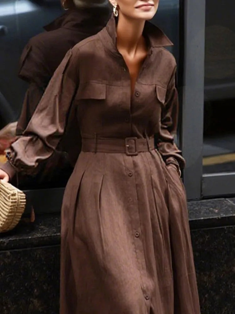 Rodica Trench Dress – Brown Lapel Maxi