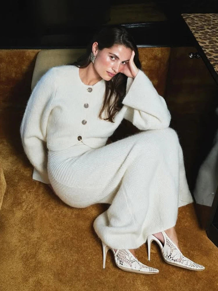 The Evanya Knit Set – Round Neck Cardigan and Skirt Co-ord