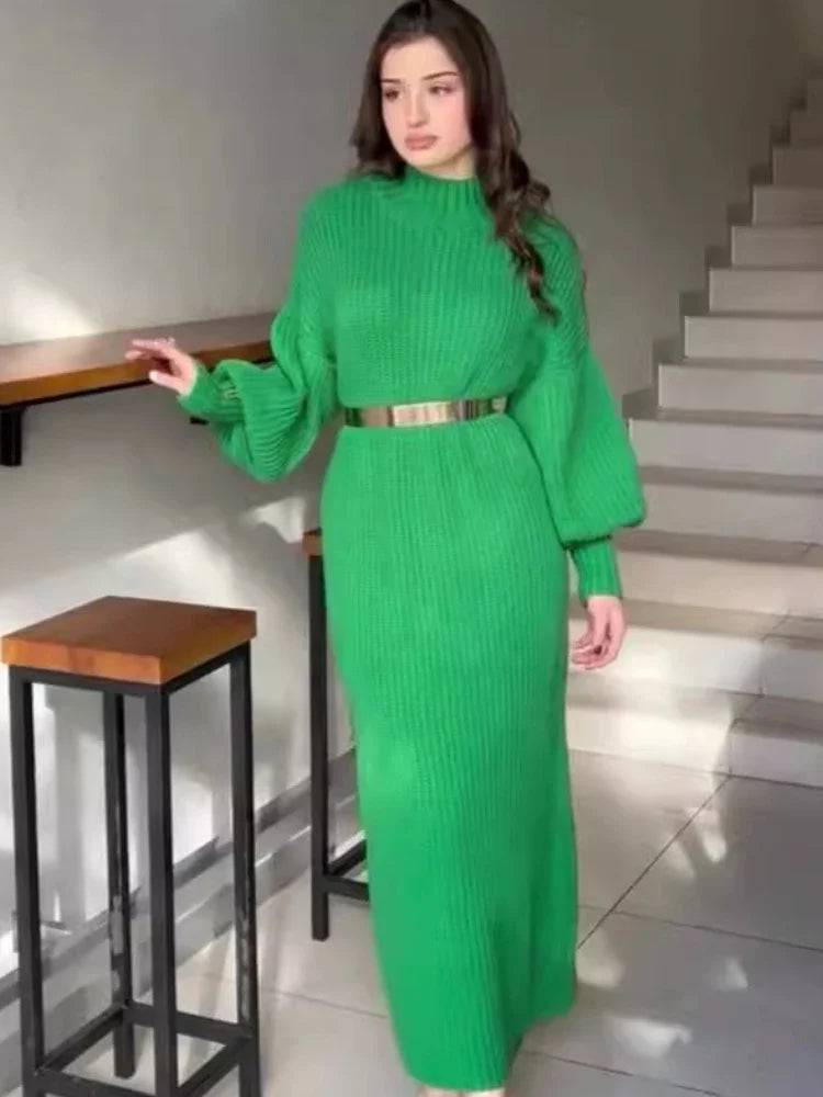 The Amelisse Jumper – Maxi Knit Dress with Belted Elegance