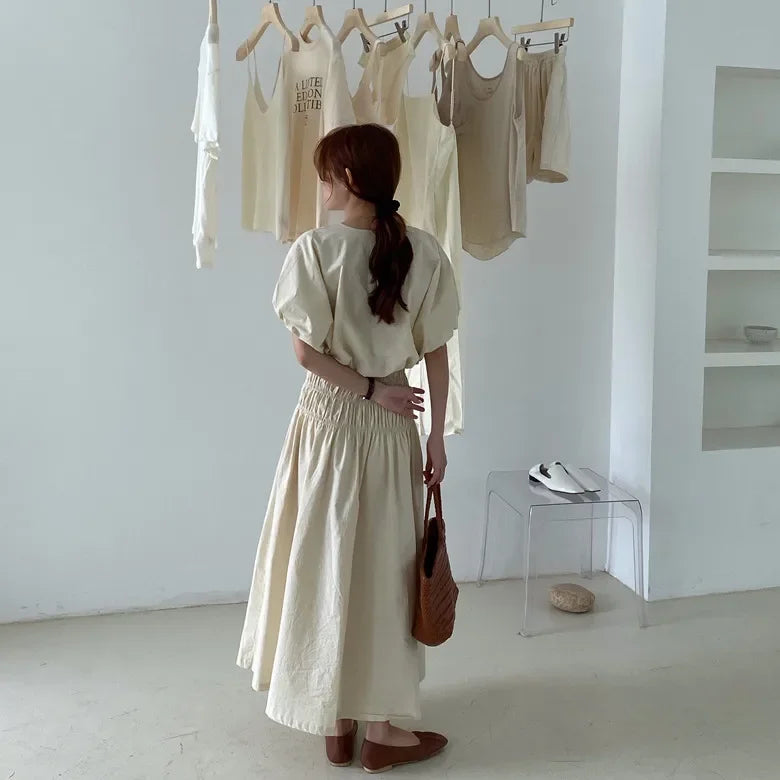 Romantic Two-Piece Puff-Sleeve Crop & Long A-Line Skirt Duo