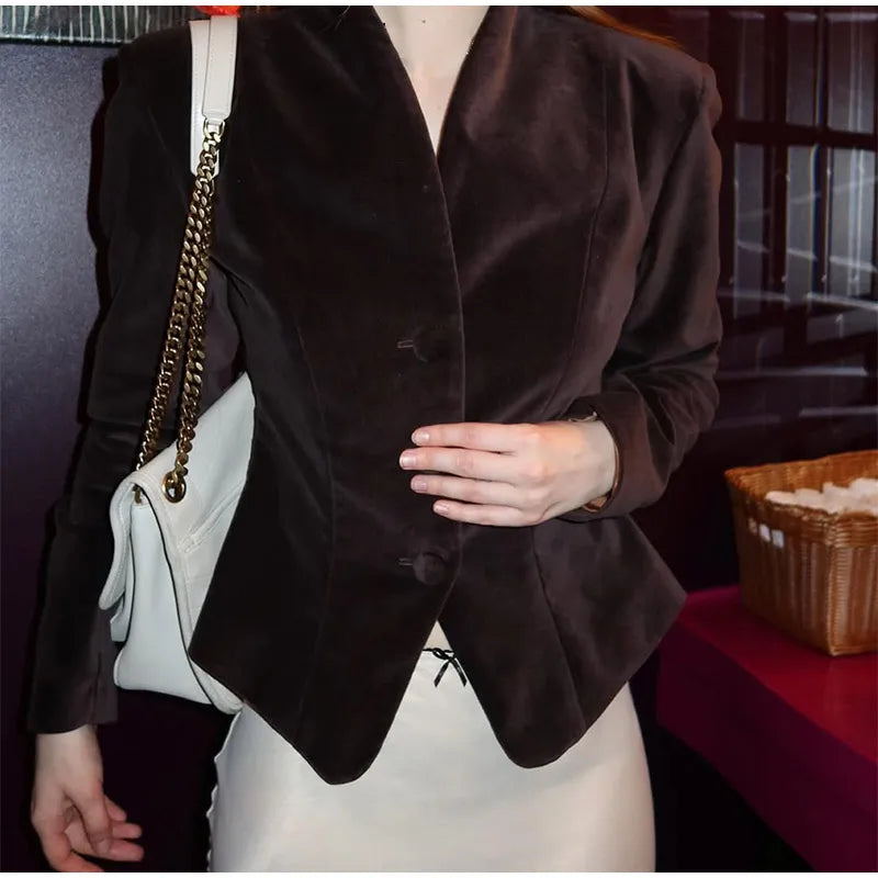 The Amorette Jacket – Tailored V-Neck Jacket with Defined Waist