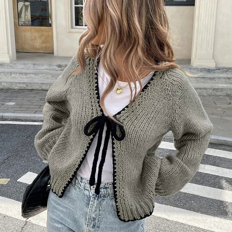 The Adélise Cardigan – Bow-Tied V-Neck Knit