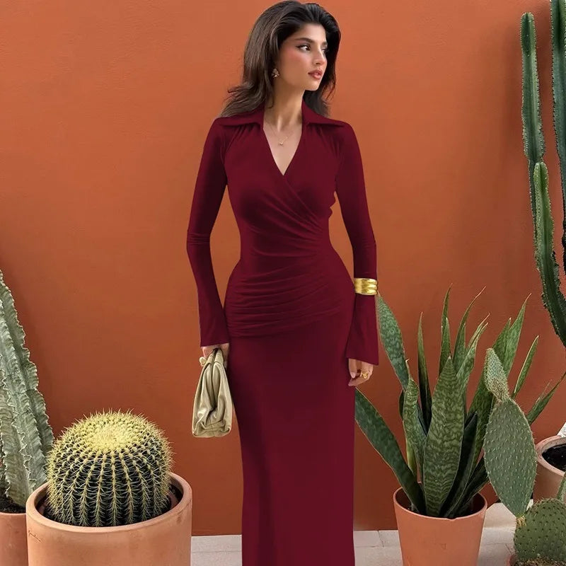 The Valora Dress — Polo Collar Ruched Maxi