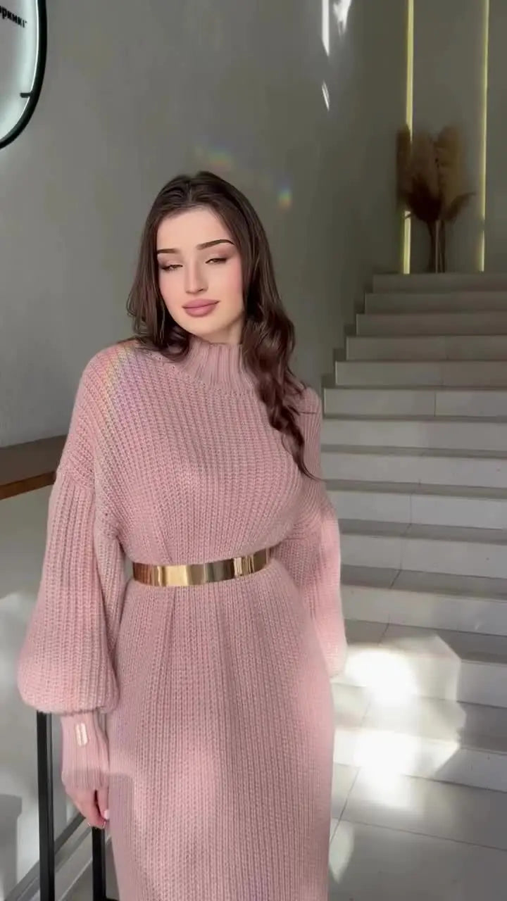 The Amelisse Jumper – Maxi Knit Dress with Belted Elegance