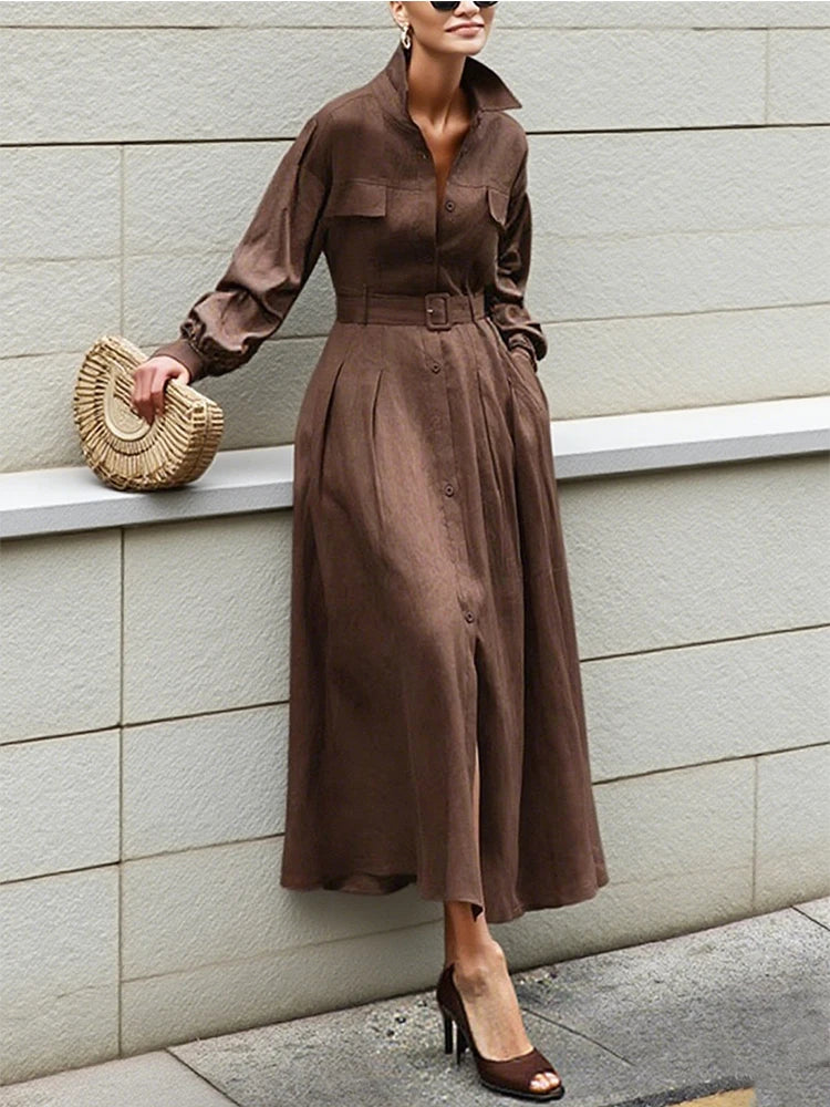 Rodica Trench Dress – Brown Lapel Maxi