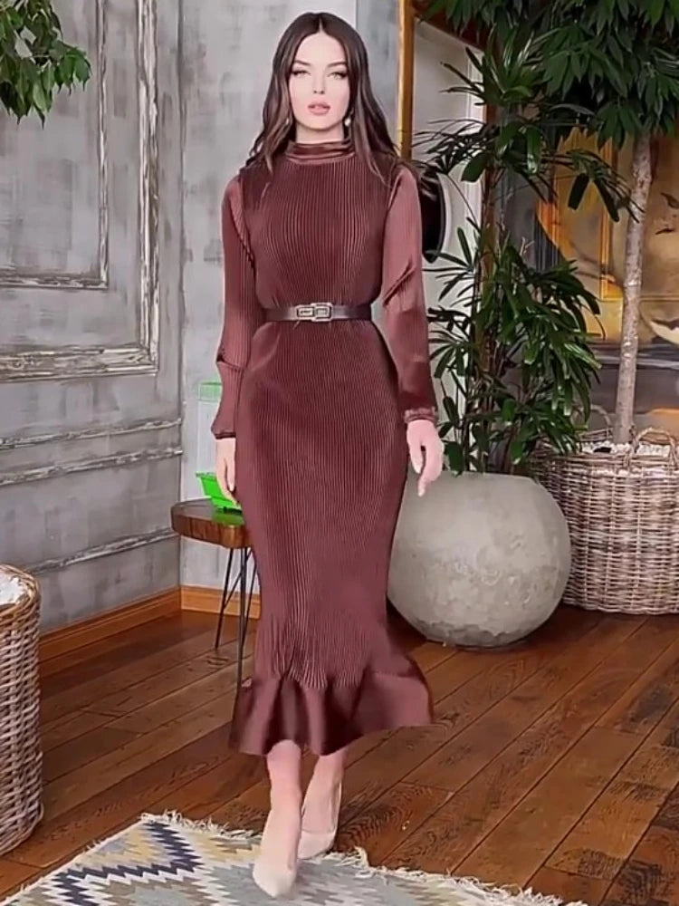 Satin Belted Dress in Cocoa Pleats