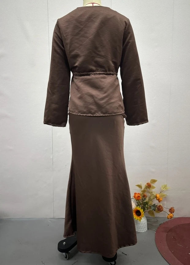 The Leontine Drawstring Blouse with Flowy Maxi Skirt Ensemble