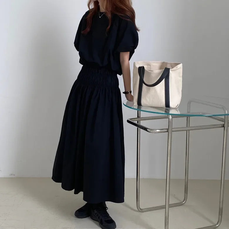 Romantic Two-Piece Puff-Sleeve Crop & Long A-Line Skirt Duo