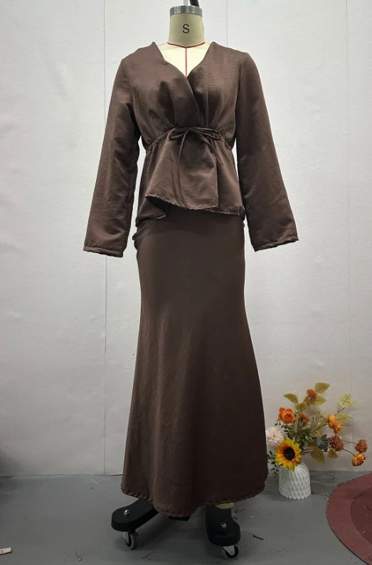 The Leontine Drawstring Blouse with Flowy Maxi Skirt Ensemble