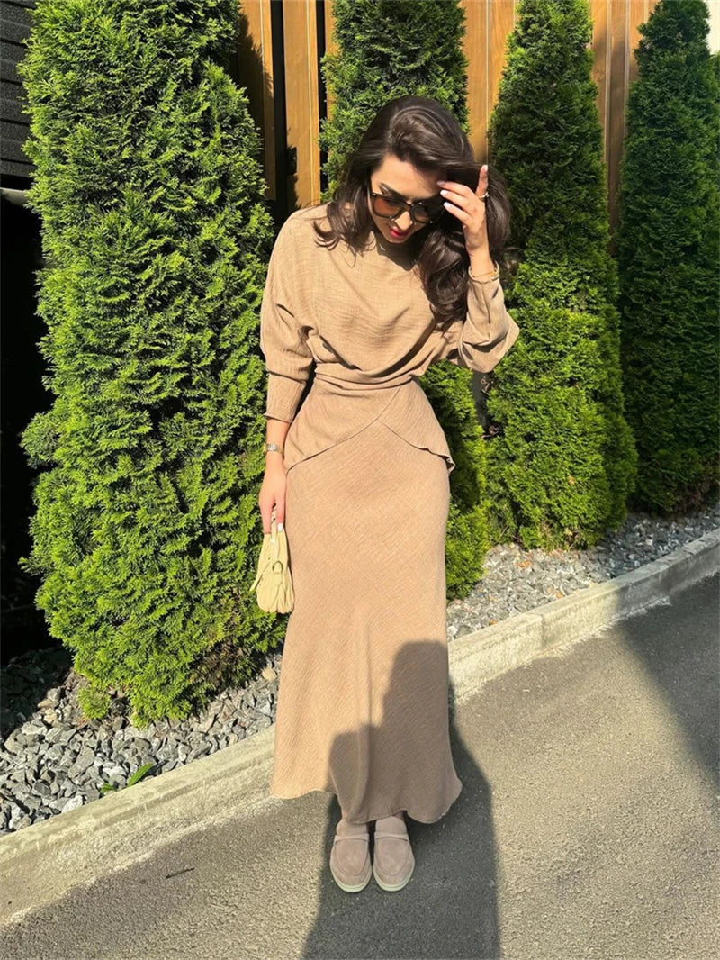 Camel-Toned Modest Set with Draped Silhouette and Flowing Ease