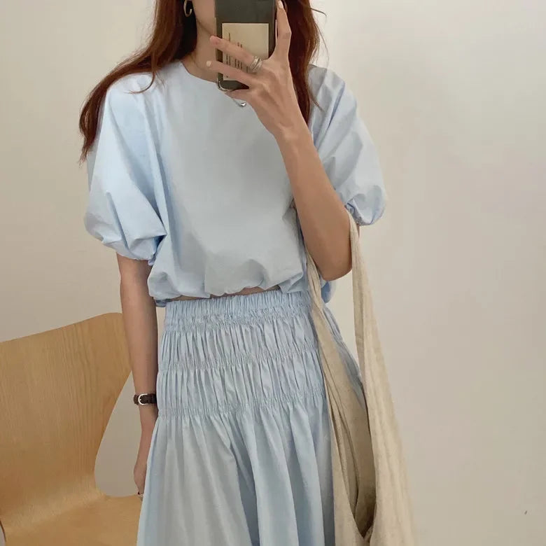 Romantic Two-Piece Puff-Sleeve Crop & Long A-Line Skirt Duo