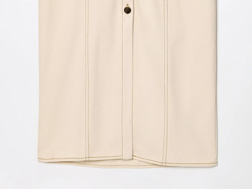 The Evette Ruched Denim Midi in Beige