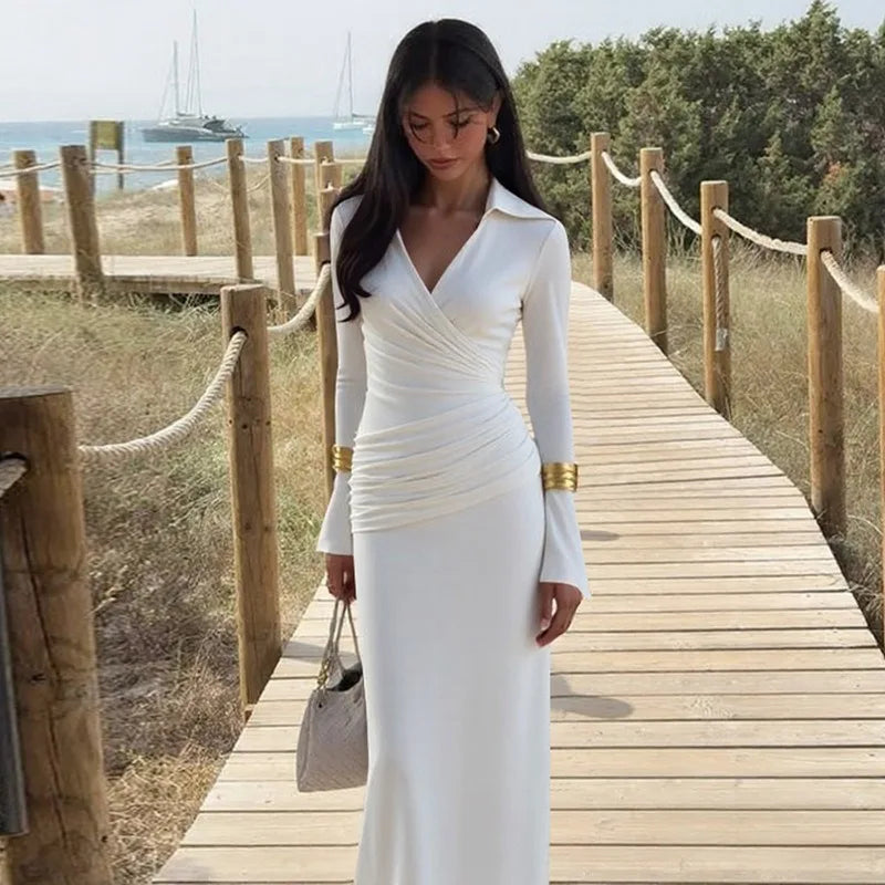 The Valora Dress — Polo Collar Ruched Maxi