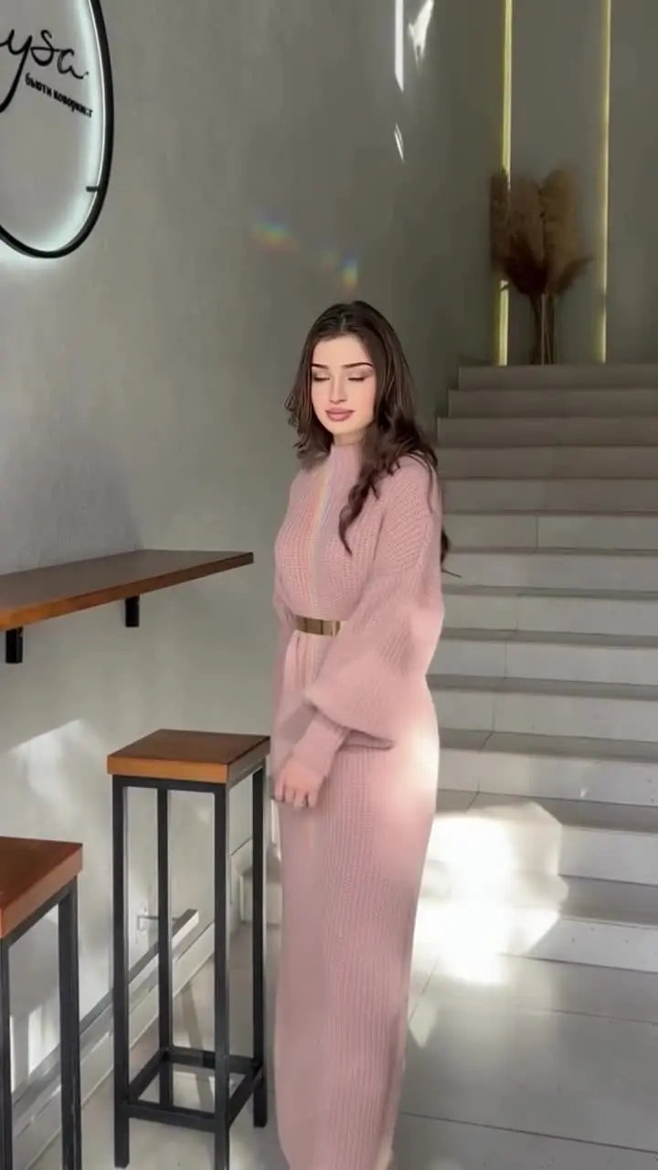 The Amelisse Jumper – Maxi Knit Dress with Belted Elegance