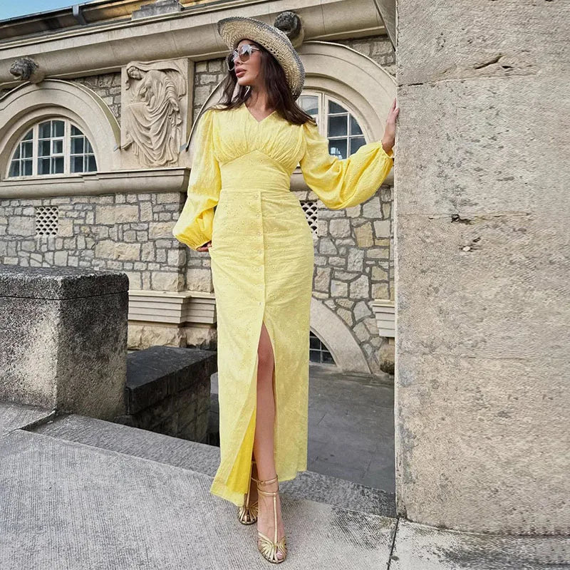 Vintage-Inspired Puff Sleeve V-Neck Maxi