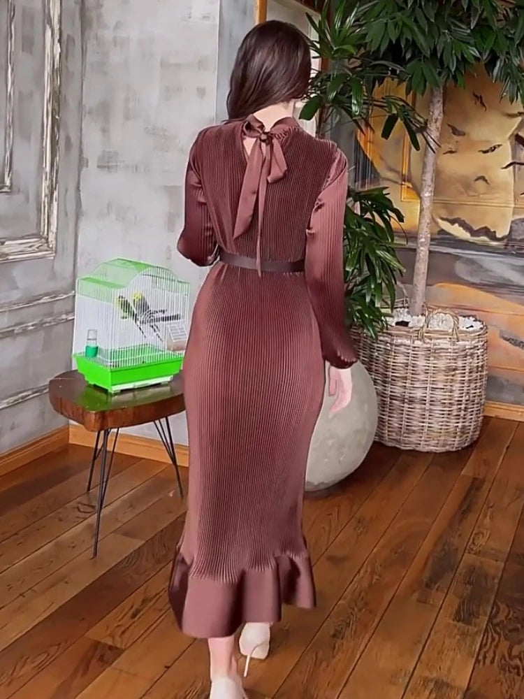 Satin Belted Dress in Cocoa Pleats