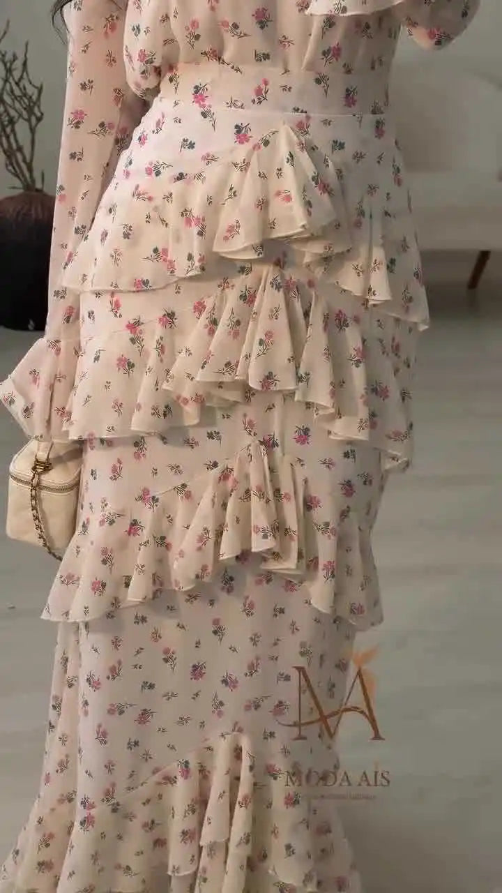 Delance Dress – Tiered Ruffle with Blooming Pink Florals