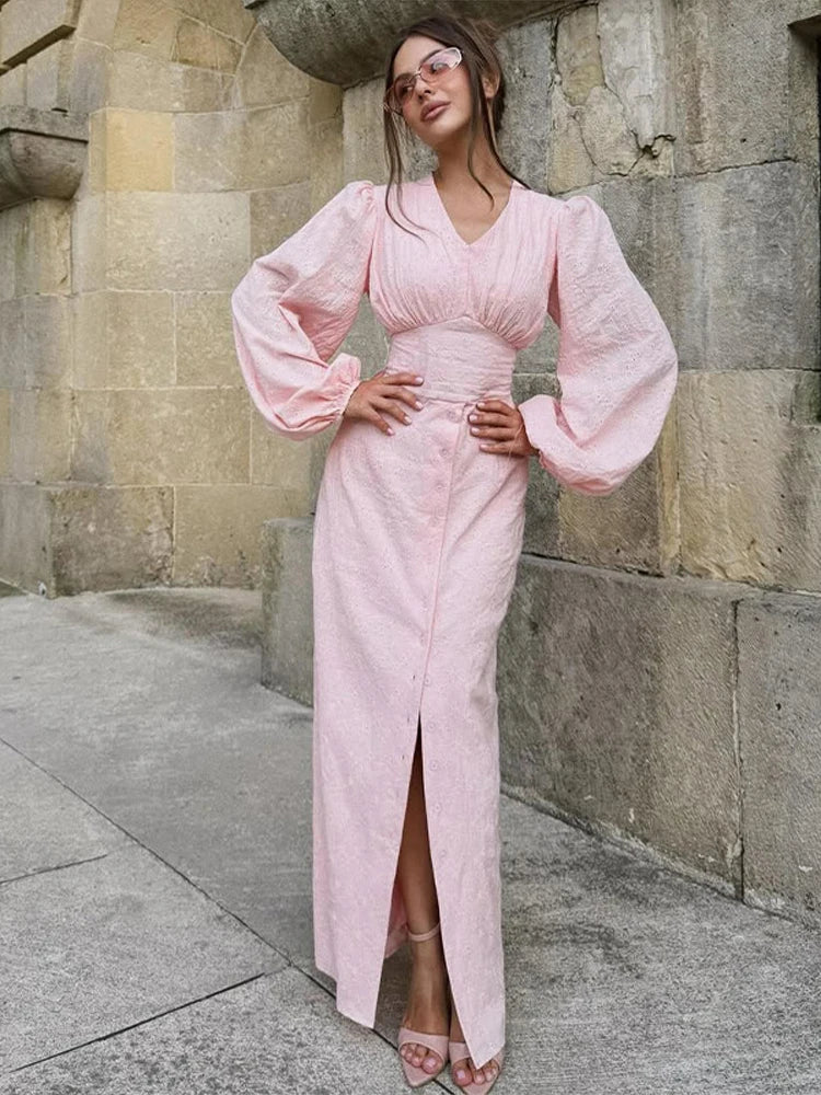 Vintage-Inspired Puff Sleeve V-Neck Maxi