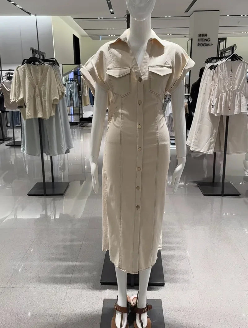 The Evette Ruched Denim Midi in Beige
