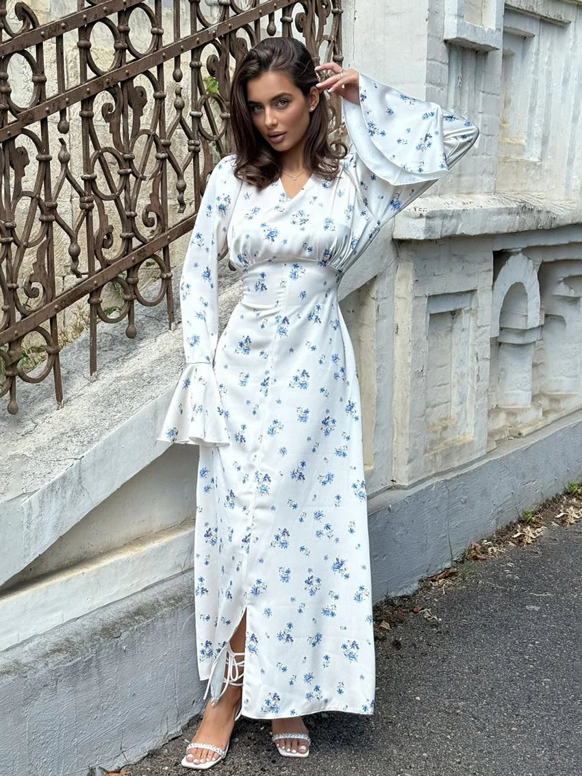 The Côte Bleue Dress - White Floral Tie-Waist Maxi