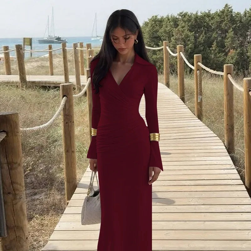 The Valora Dress — Polo Collar Ruched Maxi