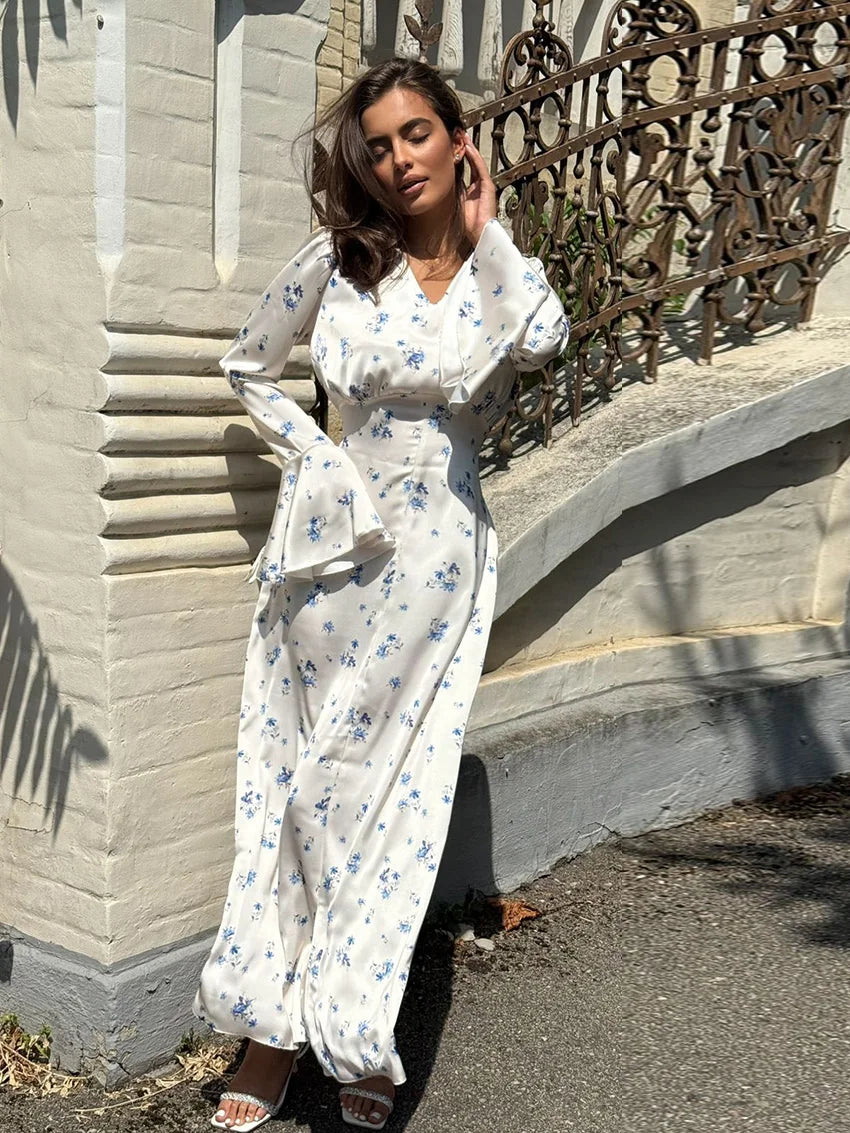 The Côte Bleue Dress - White Floral Tie-Waist Maxi