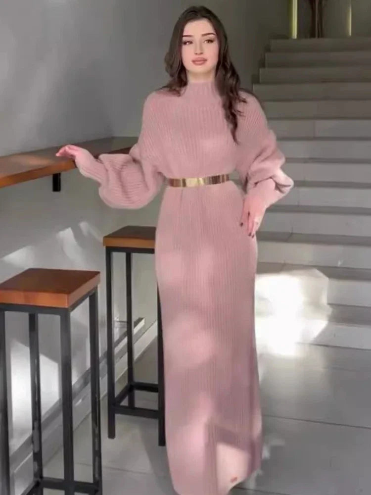 The Amelisse Jumper – Maxi Knit Dress with Belted Elegance